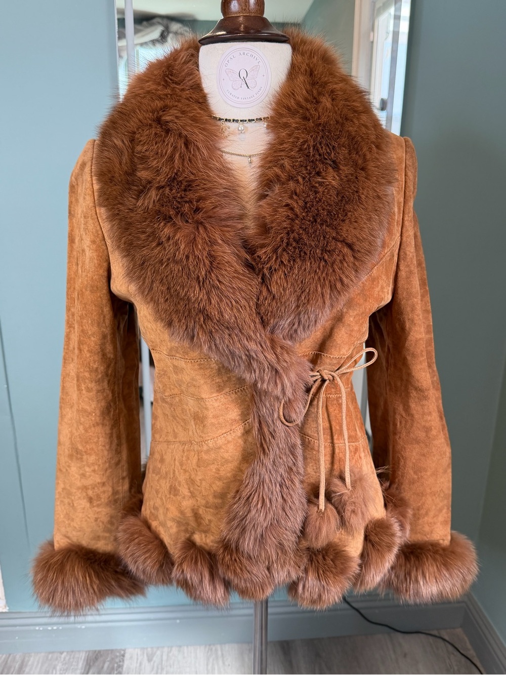 Vintage Real Fox Fur Trim Pigskin Suede Leather Jacket Fitted Y2K XS/S
